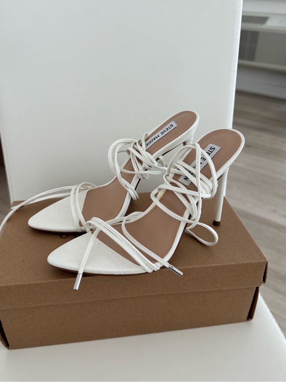 Steve Madden White Strappy Lace-Up Stiletto Heels